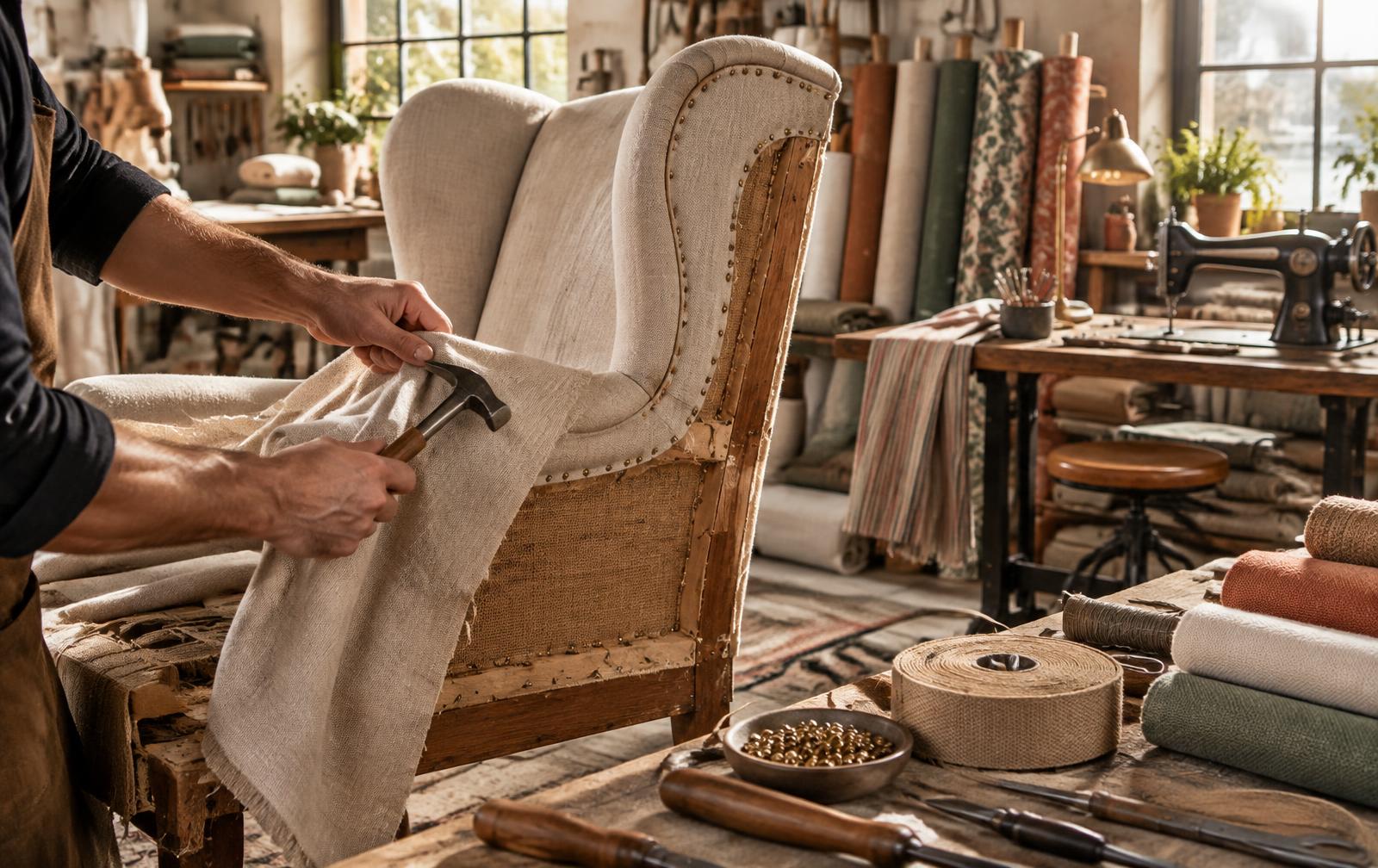 Upholsterer hand-tacking linen fabric onto a wingback chair in the workroom